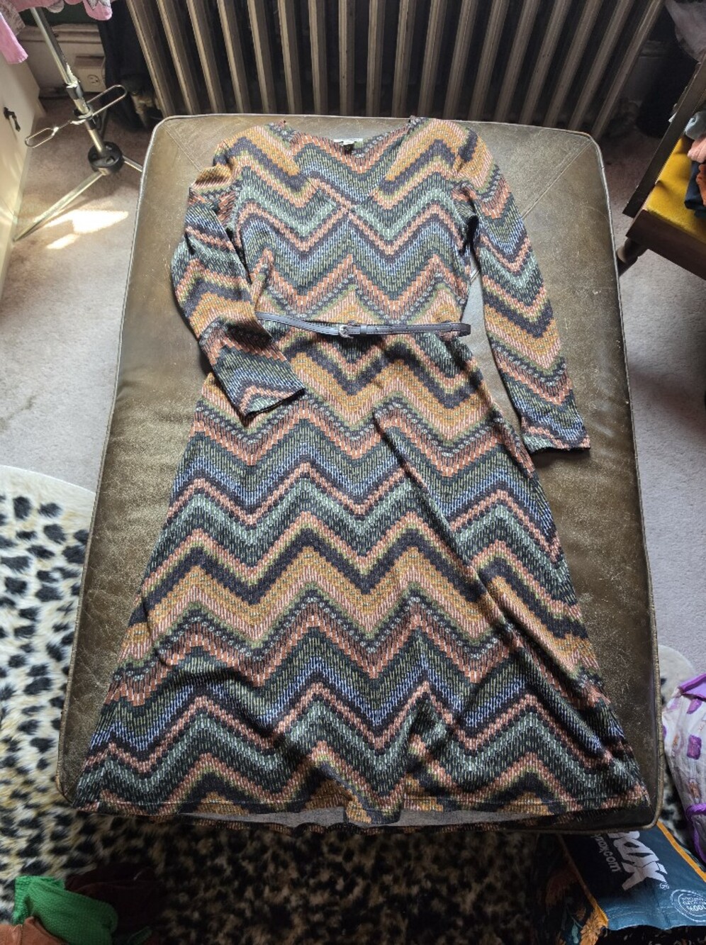 Olivia Matthews Chevron Long Sleeve Knit Dress in Black, Brown, Blue & Pink